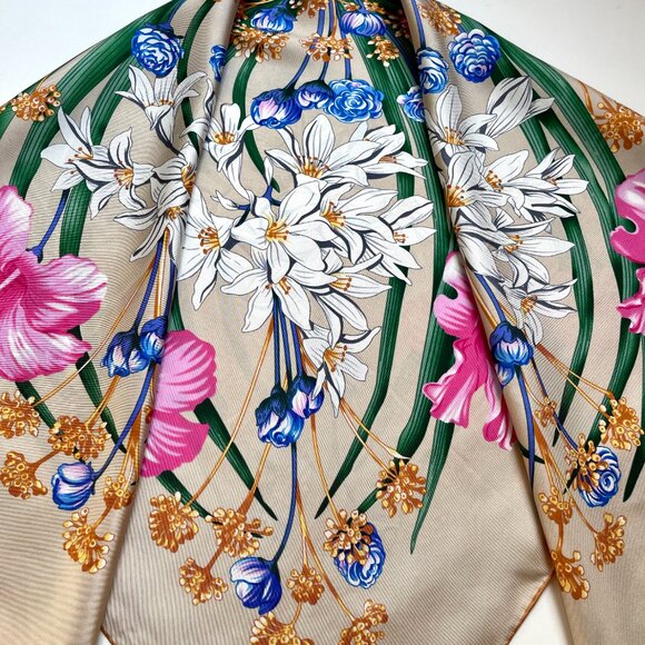 Display #1 Salvatore Ferragamo Silk Scarf Flowers Beige Wrap Scarf - Picture 1 of 15